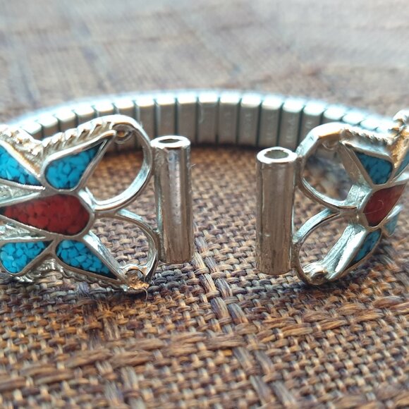 Vintage Native American Inlaid Turquoise & Red Coral Butterfly Silver Watch Band - Picture 6 of 11